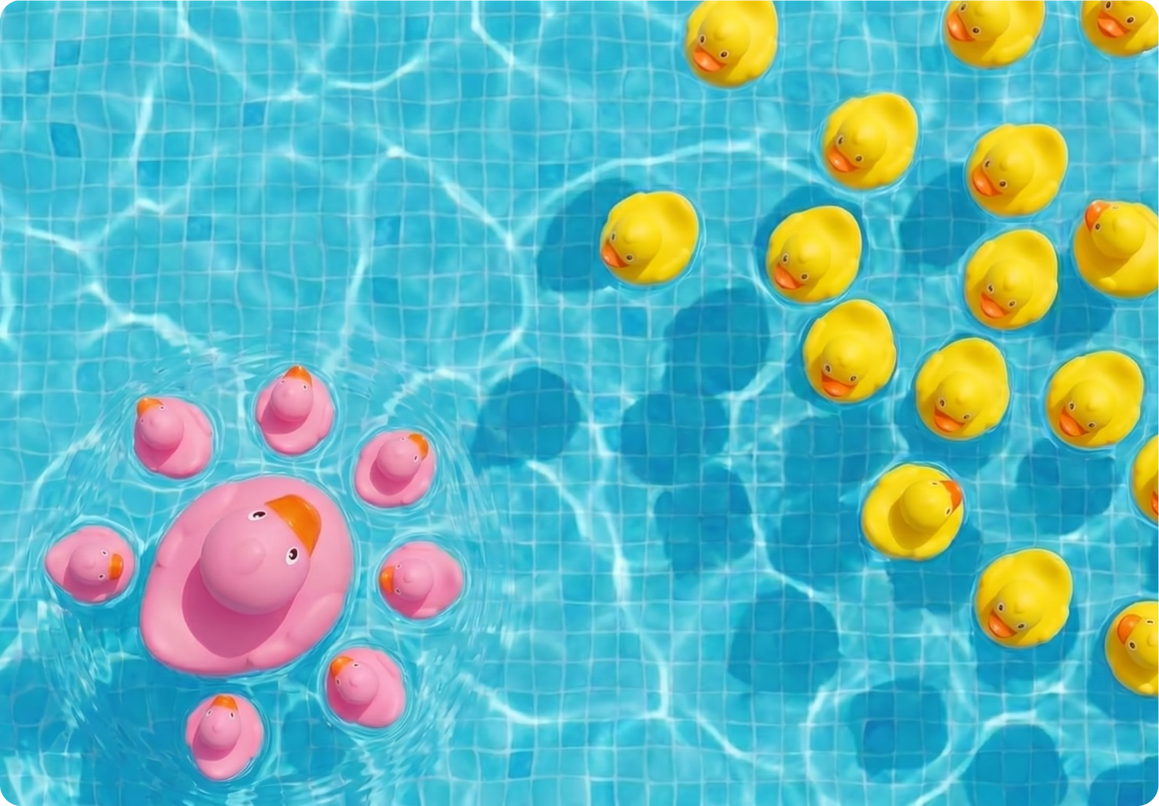 A ring of pink rubber ducks beside a scattered flock of yellow ones, floating over a tiled pool floor